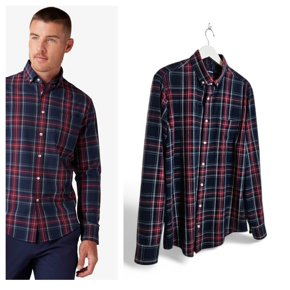 Mizzen+Main City Flannel Shirt L Trim Tall Performance Stretch Plaid Navy Tartan